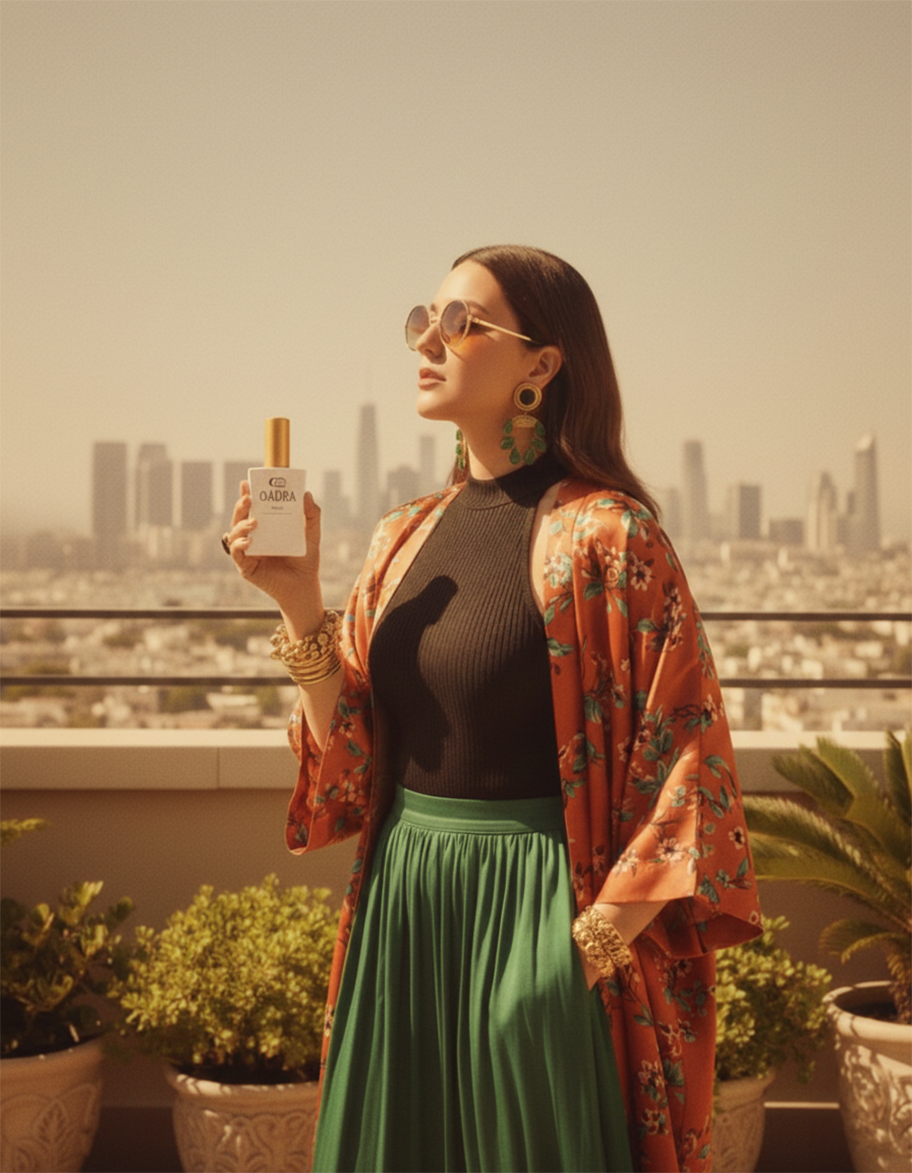 Frau auf einer Dachterrasse mit dem QAURA Eau de Parfum MoJo
