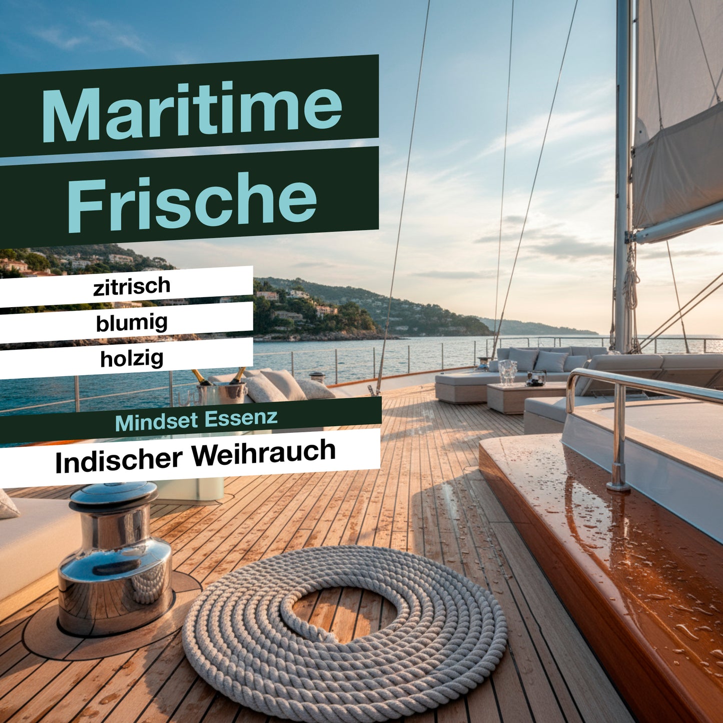 Maritimes Bild eines noblen Segelschiffs als Lifestylebild von QAURA, die Worte Maritime Frische, zitrisch, blumig, holzig, Mindset Essenz, Indischer Weihrauch sind grafisch dargestellt.