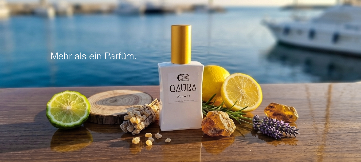 QAURA Mentalparfum WooWoo Parfümflakon mit goldener Kappe auf Holztisch am Wasser, umgeben von Zitrone, Limette, Lavendel, Rosmarin und Harz als Duftnoten. Text im Bild: „Mehr als ein Parfüm“.