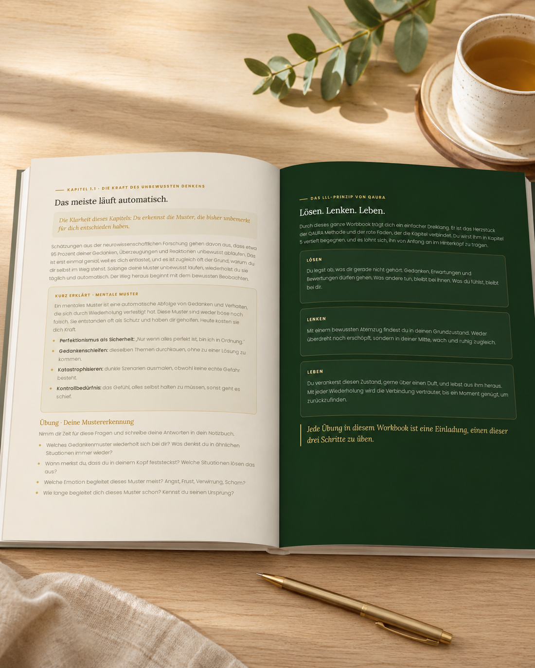 Aufgeschlagenes QAURA Workbook „Endlich Klarheit“ mit Übungs- und Reflexionsseiten