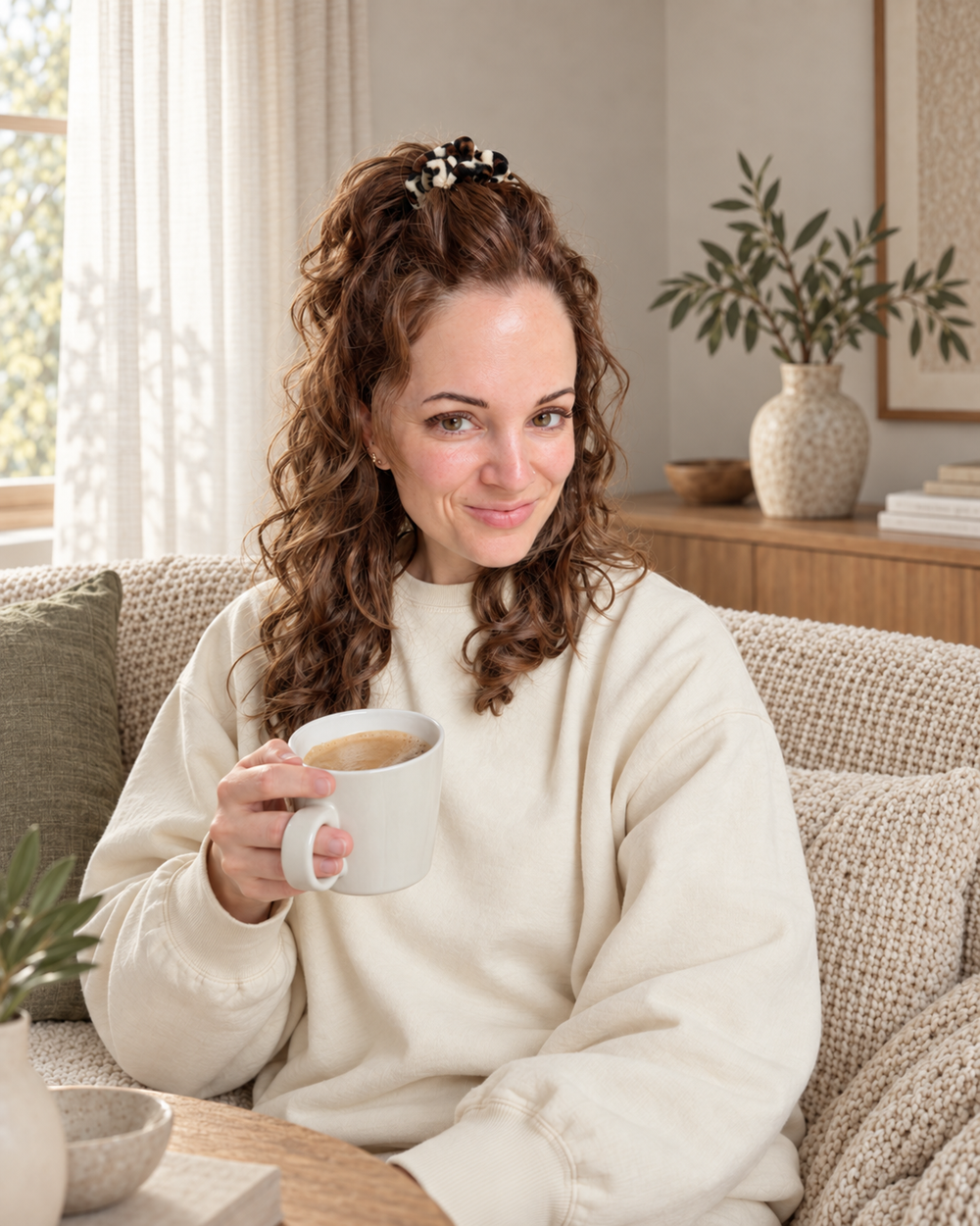 Jessica Mergel, Coach bei Homecoming, mit einer Tasse Kaffee auf einem Sofa